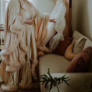 Plus Size Satin Feather Duster Robe with Belt